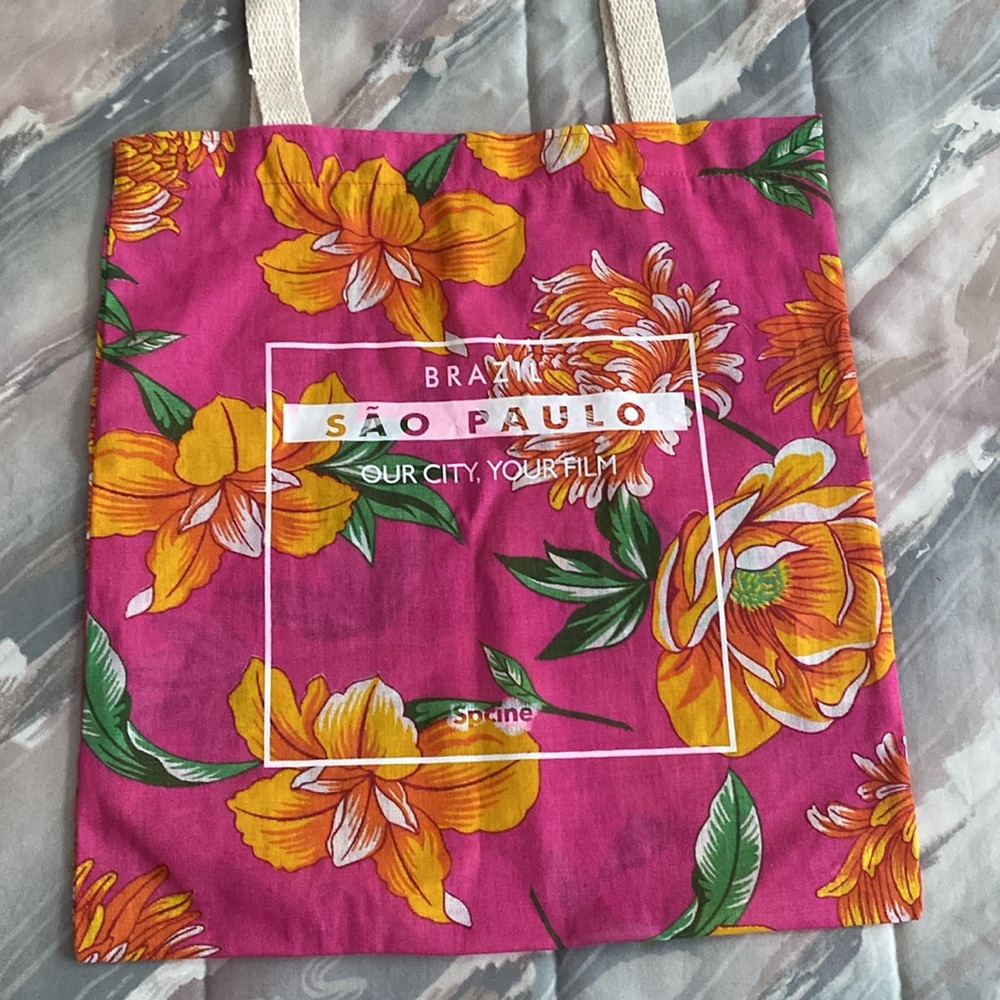 Colorful flowered cloth tote bag from Sao Paolo Brazil about 15.5 x 14.5 in NWOT